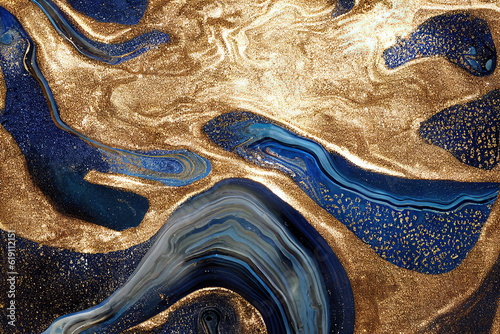 Blue and golden acrylic liquid ink swirl abstract background with ravishing turbulence wavy pattern and detailed texture. Luxury fluid liquid art by Generative AI.