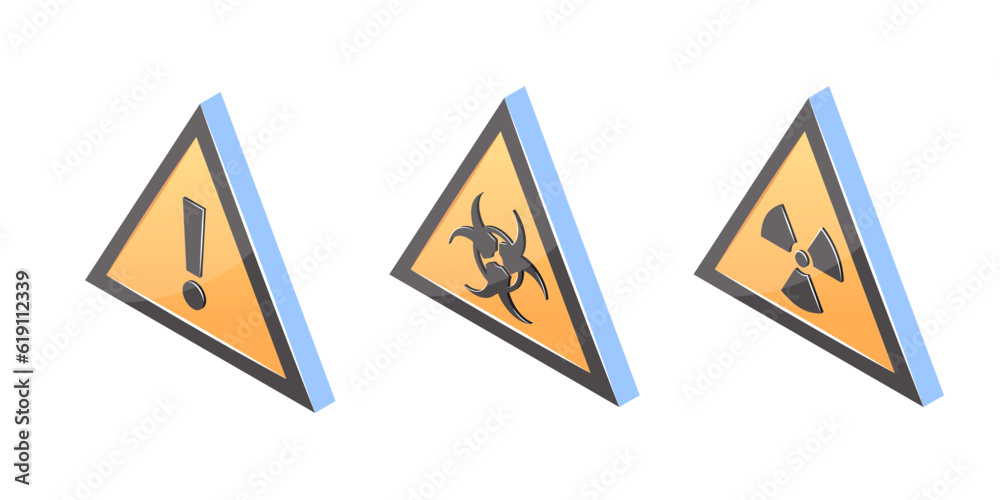 3d hazard icons, vector yellow warning signs 3d hazard icons, vector yellow warning signs
