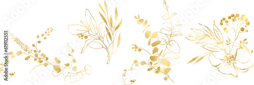 Botanical line art silhouette golden leaves, Golden Linear floral Leaves Set. Vector Gold luxury line collection. Hand drawn vector illustration in linear style, graphic clipart for wedding invitation © Yevheniia Poli