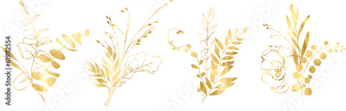 Botanical line art silhouette golden leaves, Golden Linear floral Leaves Set. Vector Gold luxury line collection. Hand drawn vector illustration in linear style, graphic clipart for wedding invitation