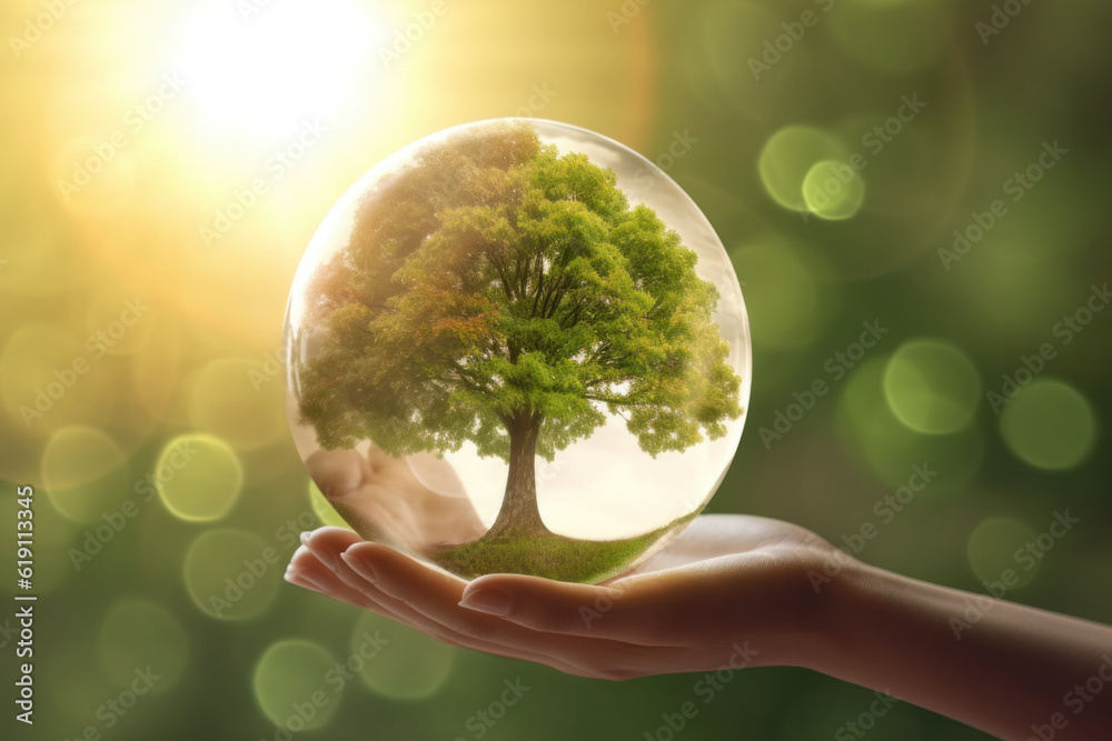 A Woman's Palm Holds a Glass Sphere With Large Green Branchy Oak. Forest Protection. Generative AI.