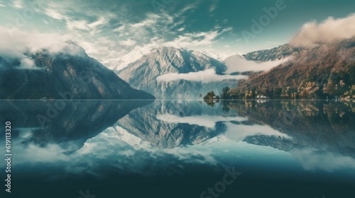 A body of water with mountains in the background. Generative AI image.