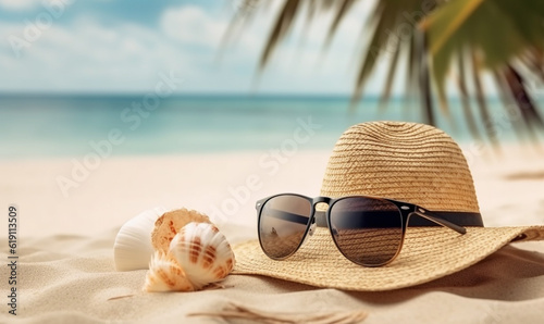 Sommer mit Sonnenhut und Sonnenbrille am Strand, generative AI