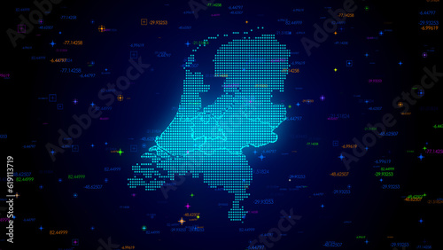 Futuristic Blue Colorful Shiny Digital Technology Hud Dots Mosaic Grid Netherlands Map Light Scanning With Numeric Tech Particles Background