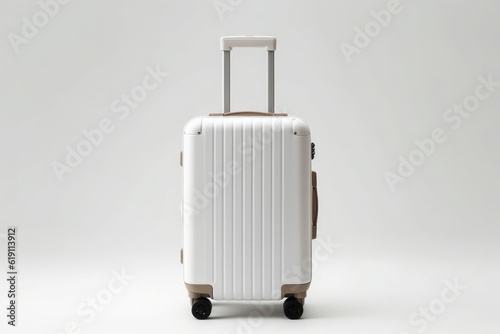 Closeup of Stylish White Polycarbonate Suitcase on White Copy Space. Generative AI.