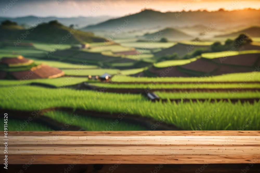photo wooden table with background rice field for product stand made with Generative AI
 