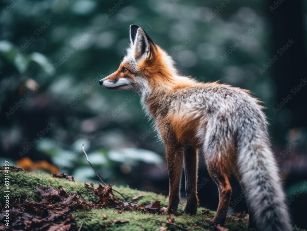 A fox standing on top of a lush green forest. Generative AI image.