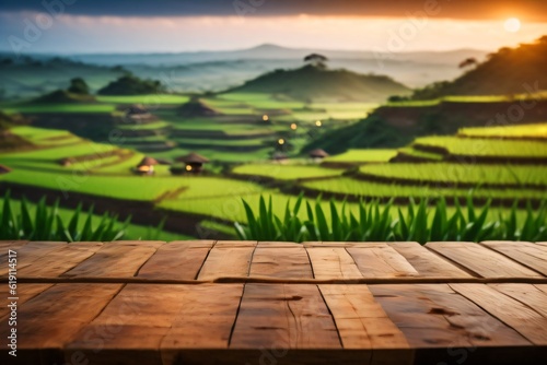 photo wooden table with background rice field for product stand made with Generative AI
 
