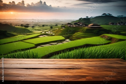 photo wooden table with background rice field for product stand made with Generative AI
 