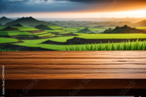 photo wooden table with background rice field for product stand made with Generative AI 