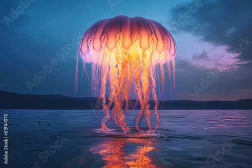 A jellyfish floating on top of a body of water. Generative AI image.