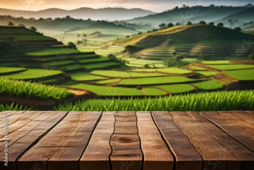 photo wooden table with background rice field for product stand made with Generative AI
 