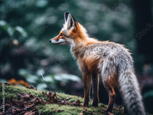 A fox standing on top of a lush green forest. Generative AI image.