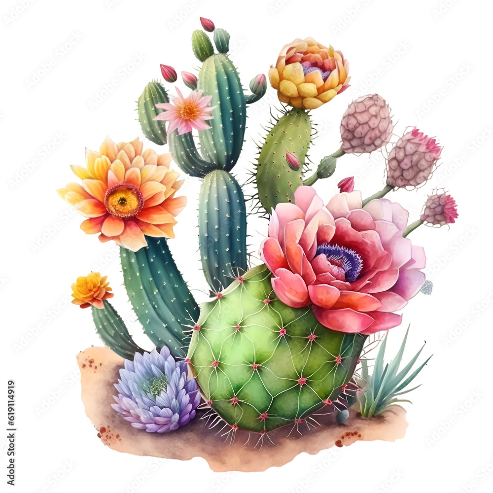 Watercolor cute cactus succulent plant illustration Generative AI, png image.