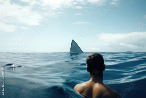 Mann schwimmt im Wasser und sieht einen Hai photo