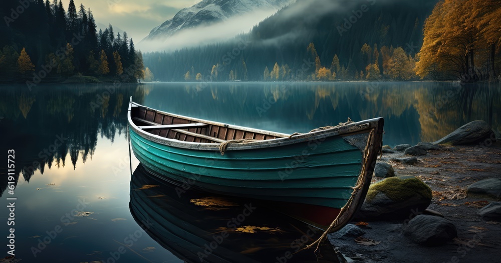 Old wooden boat docked in a lake