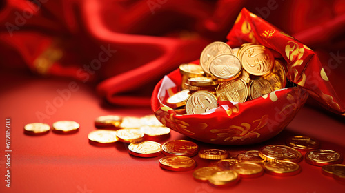 Chinese new year decorations made from red packet and gold ingots or golden lump. Chinese characters on the object means to fortune, good luck, wealth, and money flow