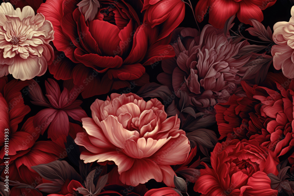 Bunte Vintage und Retro Blumen - Nahtloses Muster - Florale Textur im Aquarel Stil auf dunklen Hintergrund - obrazy, fototapety, plakaty 