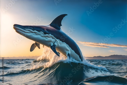 Photo of a dolphin jumping out of the water at sunset © Usman