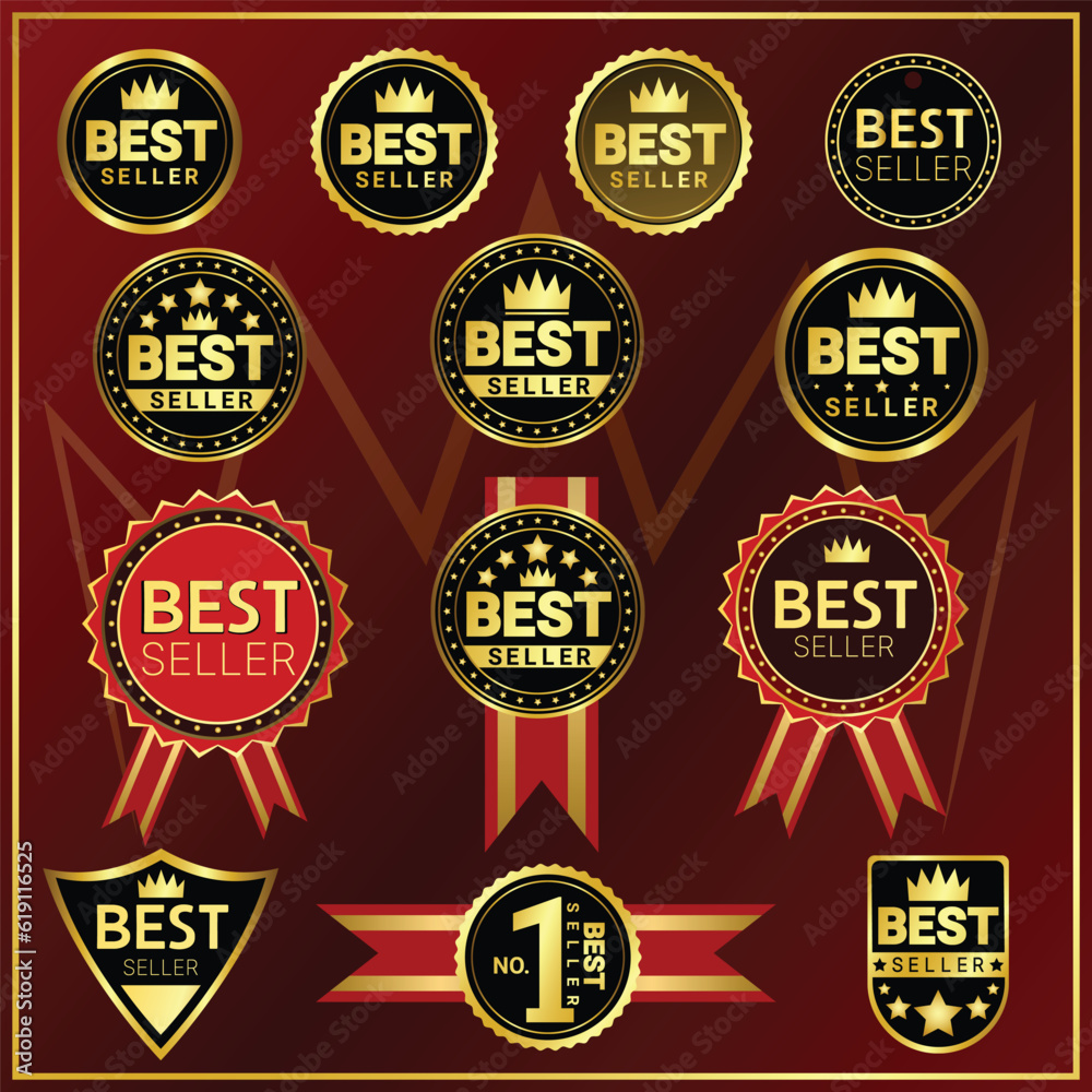 set of vector best selling product labels in various styles for attaching on products to make the product look more attractive, black, red, gold tones