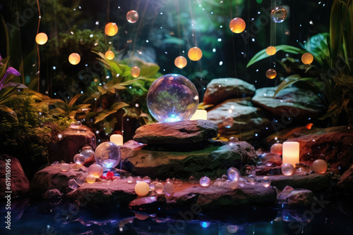 Beautiful esoteric and mystical altar for meditation with crystals and semi-precious stones, Zen Temple. Generative AI.