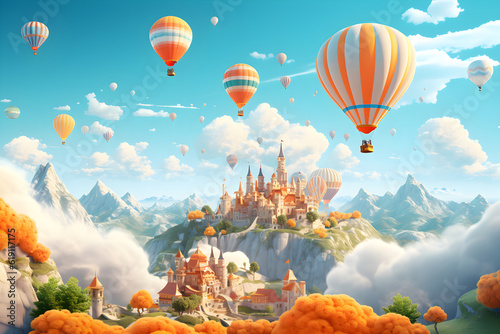 Marvelous Landscape with Castle City and Hot air Balloons.