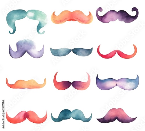 Set of retro moustache, isolated watercolor hand drawn design with clear silhouettes, nice on any color background. Generative ai.