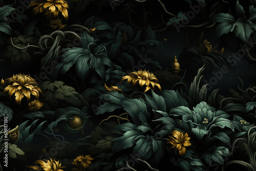 Nahtlos wiederholendes Muster - Textur von goldnen mystischen Pflanzen und Blumen vor schwarzen Hintergrund
