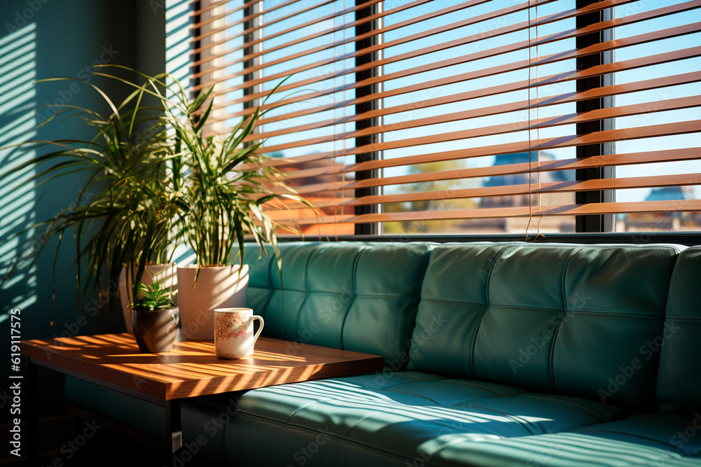 Sofa in the interior of the room with window blinds.generative ai