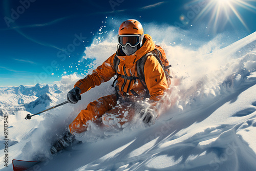 Skier in helmet and goggles skiing downhill in high mountains during sunny day.generative ai