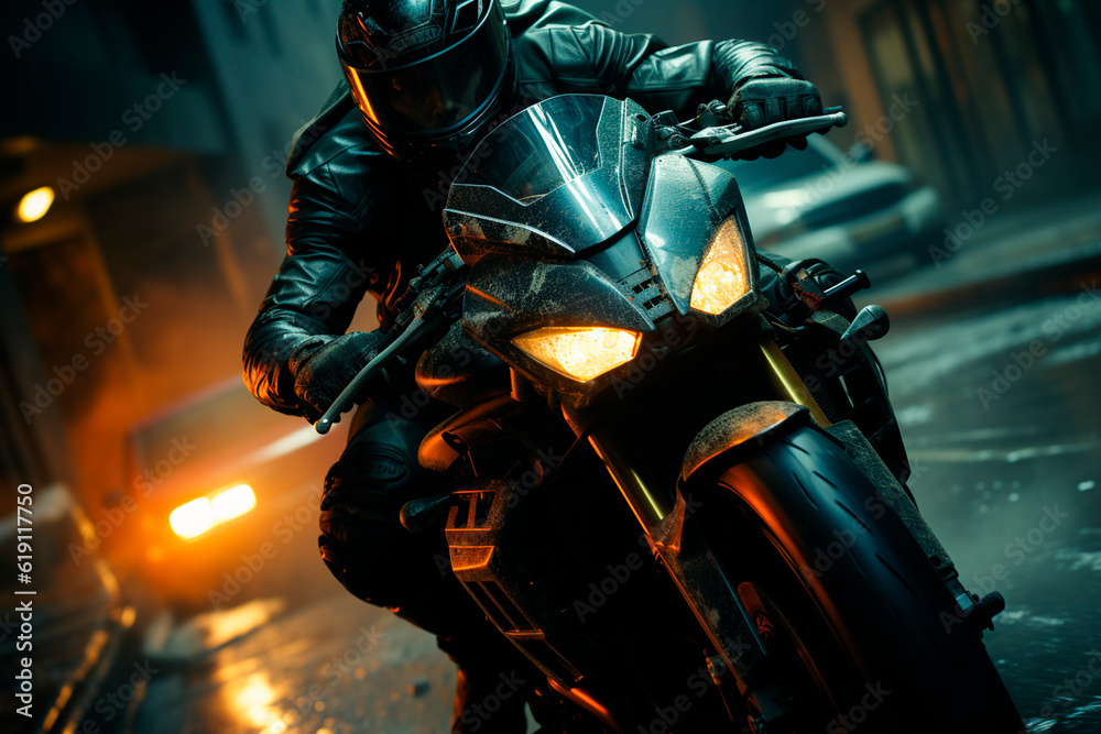 Motorcyclist in action on a motorcycle in a burning city.generative ai