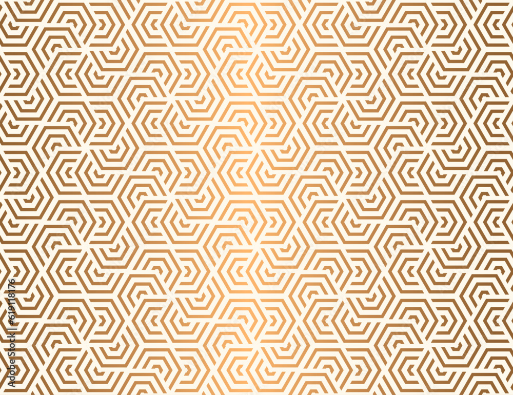 Seamless hexagon pattern with gold striped lines. Luxury repeat background vector for print artwork.