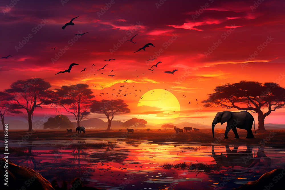 African savannah with elephants and acacia trees at sunset .generative ai
