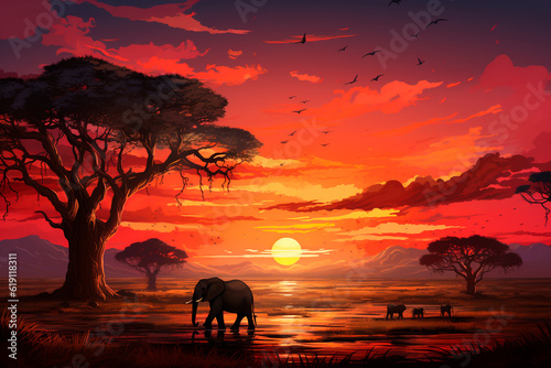 African savannah with elephants and acacia trees at sunset .generative ai