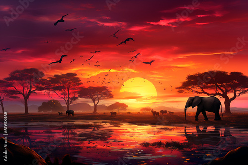 African savannah with elephants and acacia trees at sunset .generative ai © Aghavni