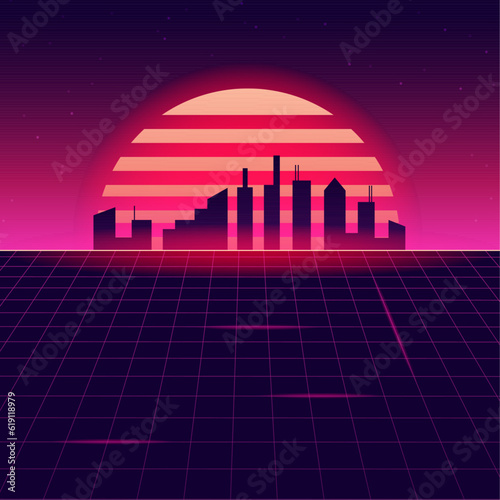Night City Neon Light. Retro cyberpunk style background. Sci-Fi background. Neon light grid landscapes. 80s, 90s. Generative AI
