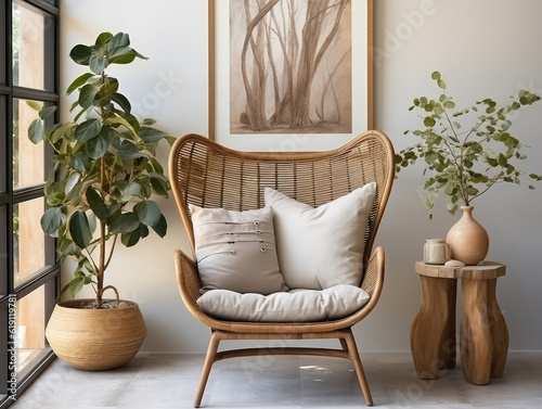 Mockup frame in home interior with rattan furniture, Mockups Design 3D, High-quality Mockups, Generative Ai