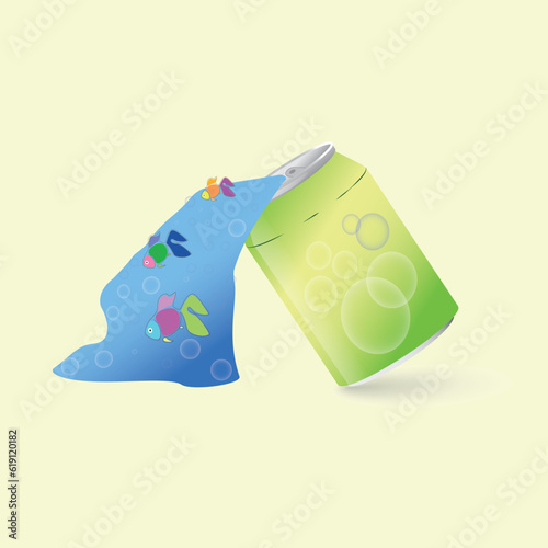 Illustration of an open aluminum can pouring soda with floating fish. Vector illustration.
