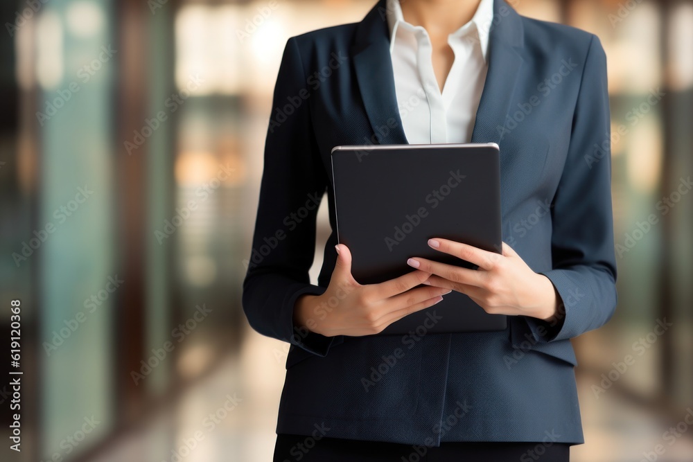 Close-up shot of a confident businesswoman delivering a compelling corporate presentation using a tablet. The focus is on her hands and the tablet screen. Generative Ai. Close-up shot of a confident businesswoman delivering a compelling corporate presentation using a tablet. The focus is on her hands and the tablet screen. Generative Ai.