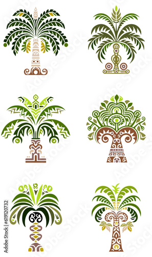 set of palm trees coconut, tropical tribal illustration, vector icon decoration ornament.