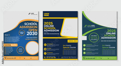 Back to school Set of brochure design templates on the subject of education, school, online learning. Vector illustrations for flyer layout, Kids back to school education admission flyer poster layout