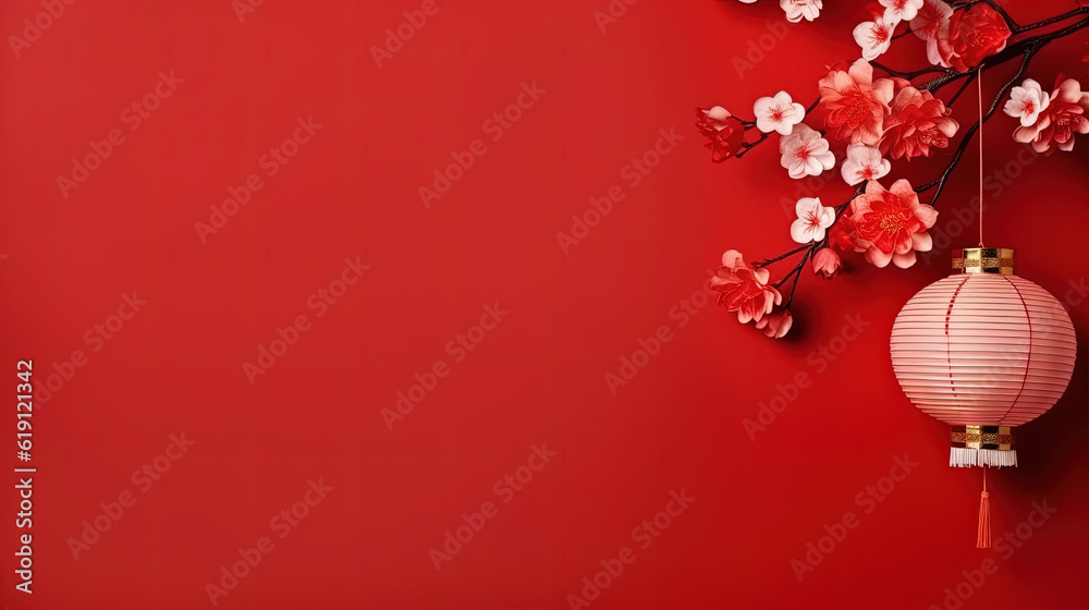 Happy chinese new year, year of the dragon zodiac sign hanging beautiful lantern and flowers on red background. Copy space Happy chinese new year, year of the dragon zodiac sign hanging beautiful lantern and flowers on red background. Copy space