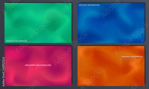 Template of abstract bright green, blue, orange, pink backgrounds. Vector vibrant wallpapers with blurred wavy fluid gradient. Digital horizontal backdrops with silk or satin texture 