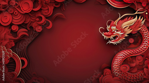 Happy chinese new year, year of the dragon zodiac sign hanging beautiful lantern and flowers on red background. Copy space
