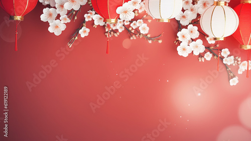 Traditional Chinese lanterns with paper flowers as background