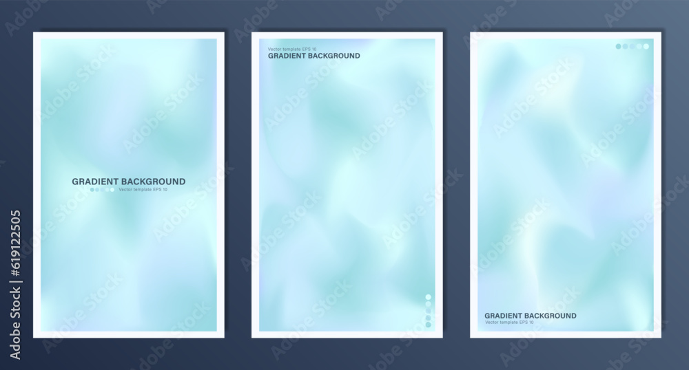 Abstract backgrounds with blurred soft blue gradient. Set of A4 pastel cyan wallpapers. Template of empty modern sky digital backdrops, web banners with smooth pattern