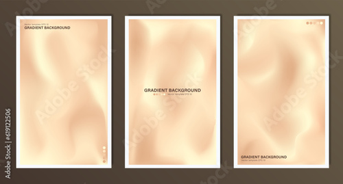 Design of soft golden wavy wallpapers for landing pages. Set of vertical beige backgrounds with gradient defocused soft pattern and white frame. Layout of empty sandy banners, posters with copy space