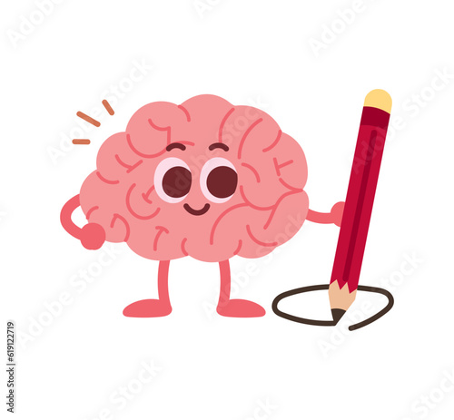 Brain holding a pencil, brain anthropomorphism concept character illustration.