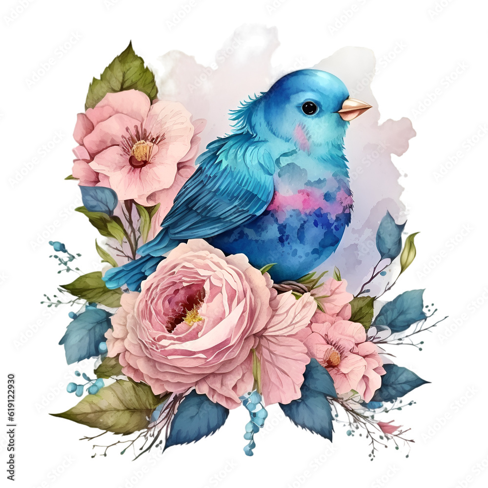 Watercolor blue bird with pink flower illustration. Generative AI, png image.