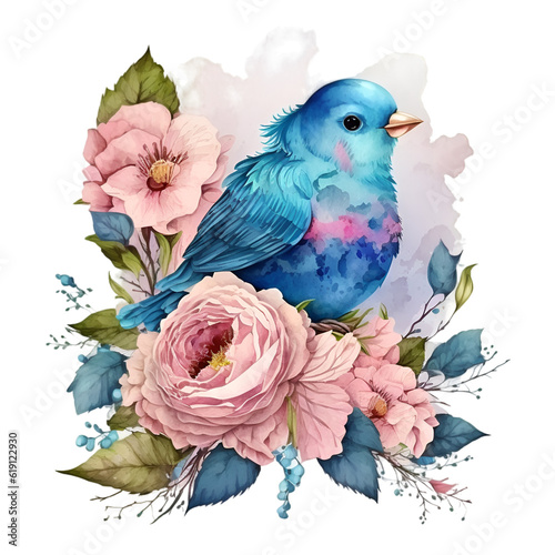 Watercolor blue bird with pink flower illustration. Generative AI  png image.